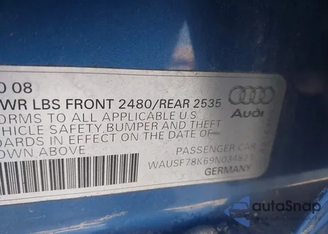 2009 Audi A4 2.0T Premium from USA, damaged, VIN WAUSF78K69N034821